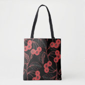 Tote Bag Cherries and Leaves Red on Black (Devant)