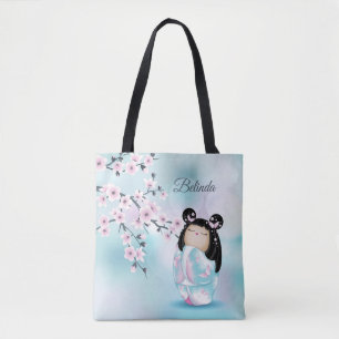 Tote Bag Cherry Blossom Kokeshi Doll rose Turquoise Nom