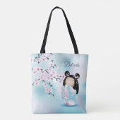 Tote Bag Cherry Blossom Kokeshi Doll rose Turquoise Nom (Dos)