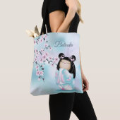 Tote Bag Cherry Blossom Kokeshi Doll rose Turquoise Nom (De près)