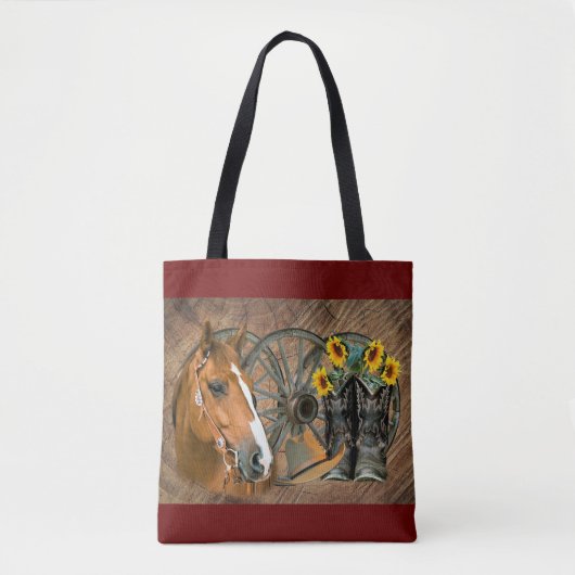 Tote Bag Cheval Cowboy Boots Wagon Wheels Sunflowers Wester (Devant)