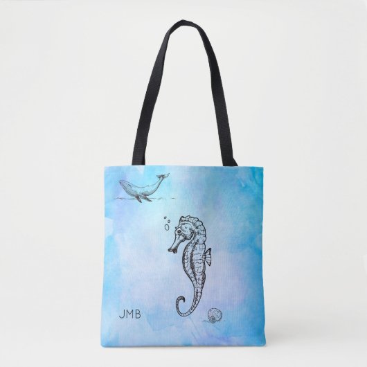 Tote Bag Cheval de mer, baleine et coquillage sur l'aquarel (Devant)