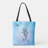 Tote Bag Cheval de mer, baleine et coquillage sur l'aquarel (Dos)