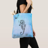 Tote Bag Cheval de mer, baleine et coquillage sur l'aquarel (De près)