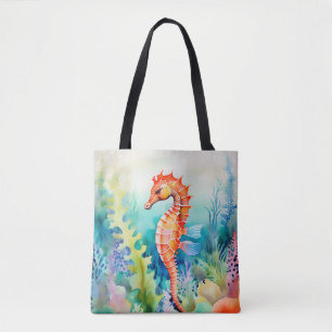 Tote Bag Cheval de mer délicat avec aquarelle Coral Reef