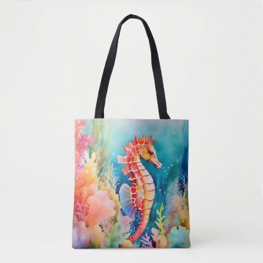 Tote Bag Cheval de mer gracieux dans des couches d'aquarell (Devant)