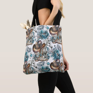 Tote Bag Cheval fille cowgirl motif floral turquoise