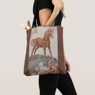 Tote Bag cheval heureux en brun