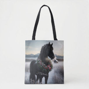 Tote Bag Cheval noir dans la neige avec couronne de Noël