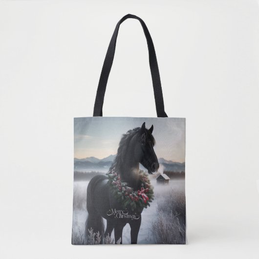 Tote Bag Cheval noir dans la neige avec couronne de Noël (Devant)
