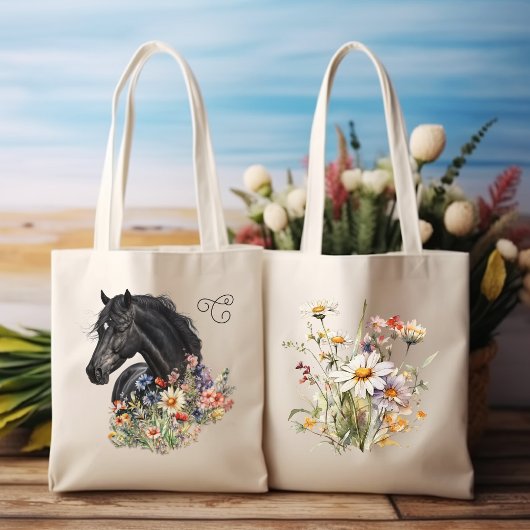Tote Bag Cheval noir en Fleur sauvage Monogrammé