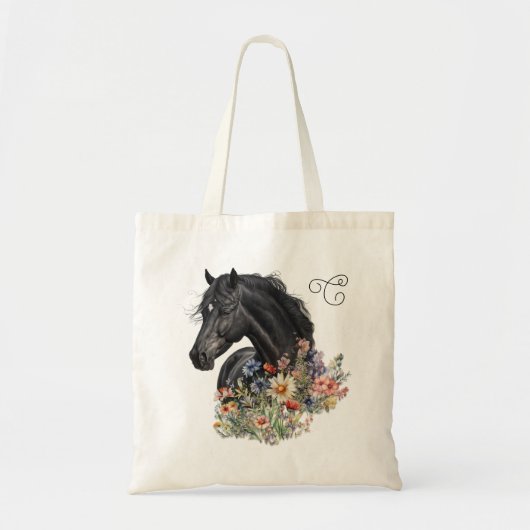 Tote Bag Cheval noir en Fleur sauvage Monogrammé (Devant)
