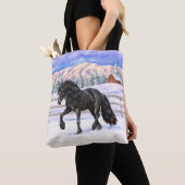 Tote Bag Cheval Noir Friésien En Neige (De près)