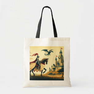 Tote Bag Chevalier médiéval/dragon/château fantastique