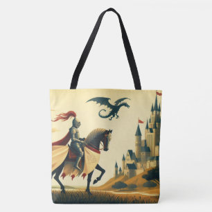 Tote Bag Chevalier médiéval/dragon/château fantastique