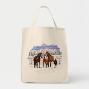 Tote Bag Chevaux Appaloosa De Baie Brown En Neige