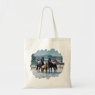Tote Bag Chevaux Appaloosa noirs sur une ferme en hiver