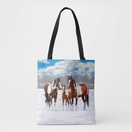Tote Bag Chevaux De Peinture De Baie Pinto En Neige D'Hiver (Devant)