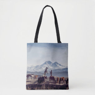 TOTE BAG CHEVAUX EN CHAMP BROWN OUVERT VUE MONTAGNE LE JOUR