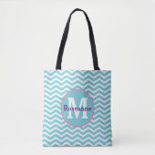Tote Bag Chevron bleu blanc avec Monogramme et nom (Devant)