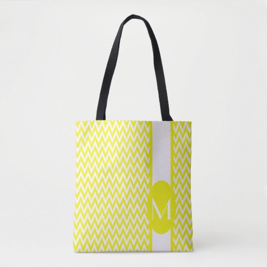 Tote Bag Chevron élégant et jaune citron avec monogramme (Devant)