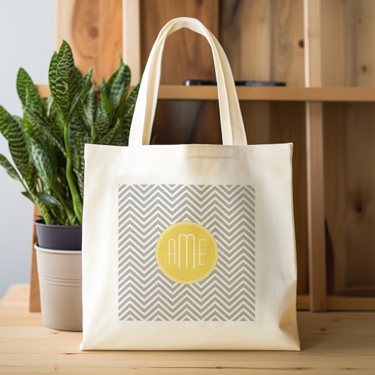Tote Bag Chevrons gris et jaune Monogramme personnalisé