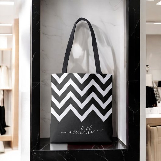 Tote Bag Chevrons noirs et blancs avec Monogramme