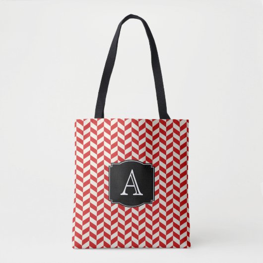 Tote Bag Chevrons Red Herringbone Motif avec Monogramme (Devant)
