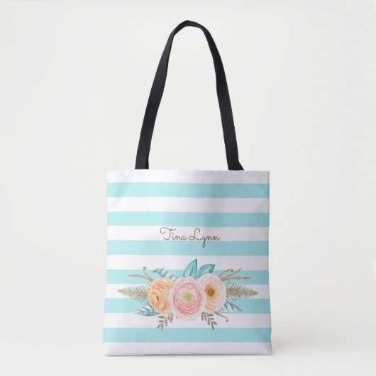Tote Bag Chic Aqua Stripes Feminine Floral et nom (Devant)