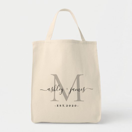 Tote Bag Chic Argent Monogramme Noms de script Mariage Date (Devant)