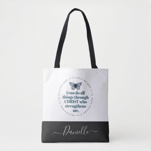 Tote Bag Chic Bible Verse Philippians Blue Butterfly Nom (Devant)