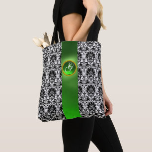 TOTE BAG CHIC BLACK WHITE DAMASK EMERALD GREEN GEM MONOGRAM