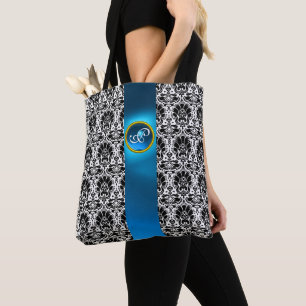 TOTE BAG CHIC BLACK WHITE DAMASK, MONOGRAMME EN PIERRE BLEU