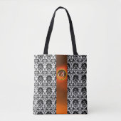TOTE BAG CHIC BLACK WHITE DAMASK, ORANGE GEMSTONE MONOGRAM (Devant)