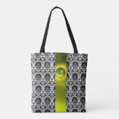 TOTE BAG CHIC BLACK WHITE DAMASK, ORANGE GEMSTONE MONOGRAM (Dos)