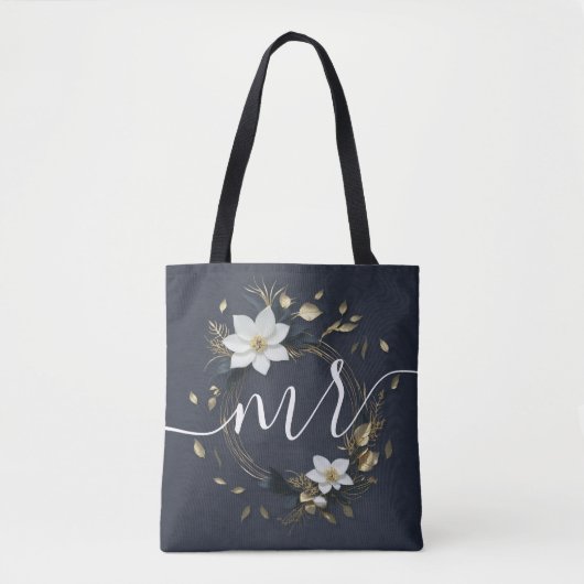 Tote Bag Chic Black White Gold Floral Wreath Mariage Groom (Devant)