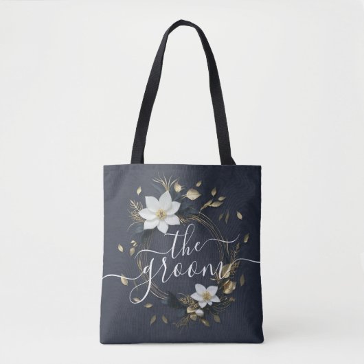 Tote Bag Chic Black White Gold Floral Wreath Mariage Groom (Devant)