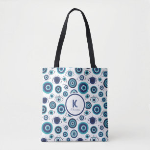 Tote Bag Chic Bleu Blanc Grec Mal Oeil Monogramme