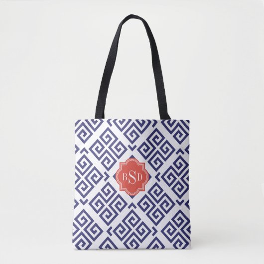 Tote Bag Chic bleu grec clé motif géométrique monogramme (Devant)
