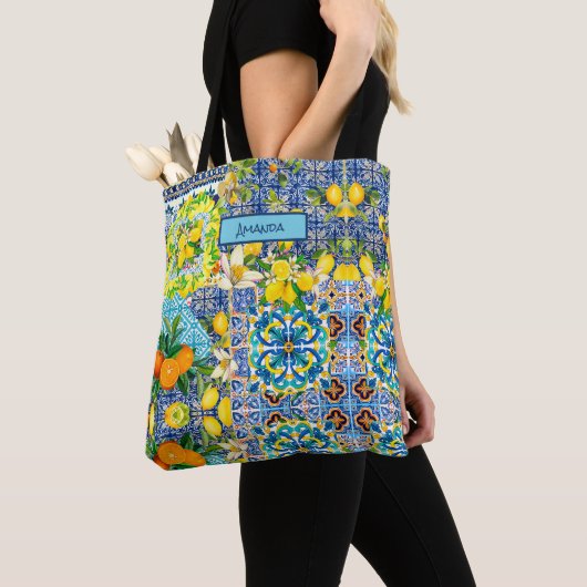 Tote Bag Chic blue turquoise sicilian citrus floral tiles (De près)