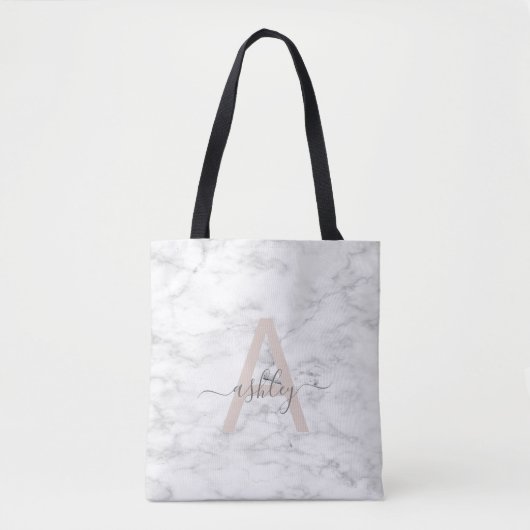 Tote Bag Chic Blush Pink White Marble Script Nom monogram (Devant)