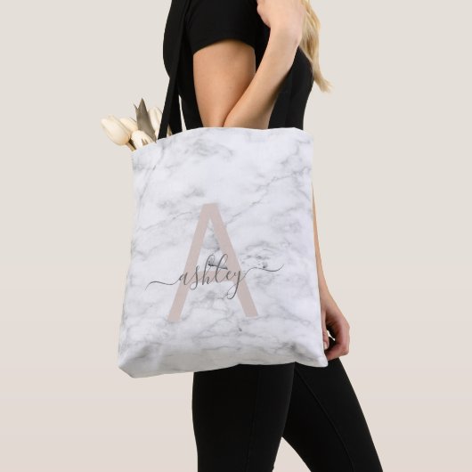Tote Bag Chic Blush Pink White Marble Script Nom monogram (De près)