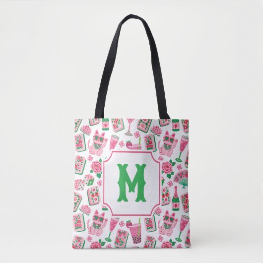 Tote Bag Chic Capriceux Rose & Vert Monogramme Fête Mahjong (Devant)