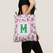 Tote Bag Chic Capriceux Rose & Vert Monogramme Fête Mahjong (De près)