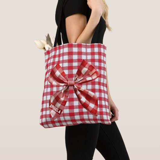 Tote Bag Chic Check Bow En vichy rouge et blanc (De près)