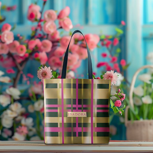 Tote Bag Chic et élégant Fuchsia Green Plaid Personnalisé