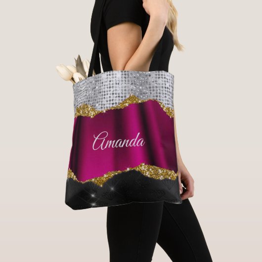 Tote Bag Chic faux argent parties scintillant Fuchsia noir  (De près)