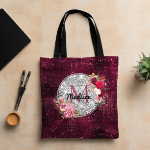 Tote Bag Chic faux paillettes argent monogramme floral bord