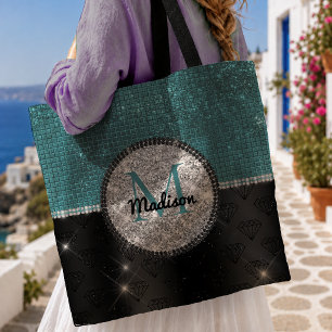 Tote Bag Chic faux paillettes argent Turquoise Noir monogra