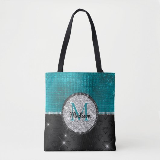 Tote Bag Chic faux Parties scintillant argent Turquoise noi (Devant)